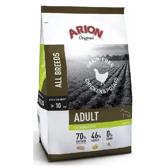 Снимка на Arion Original Adult All Breeds Grain Free Chicken & Potato - Пълноценна суха храна за израснали кучета над 1 година с пилешко месо и картофи, 12 кг.