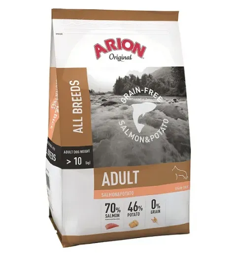 Снимка на Arion Original Adult All Breeds Grain Free Salmon & Potato - Пълноценна суха храна за израснали кучета над 1 година със сьомга и картофи, 12 кг.