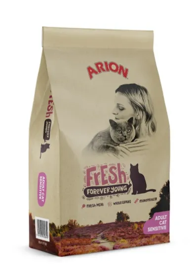 Снимка на Arion Fresh Cat Sensitive - Пълноценна суха храна за израснали котки с чувствителен стомах, с пилешко месо, 12 кг.