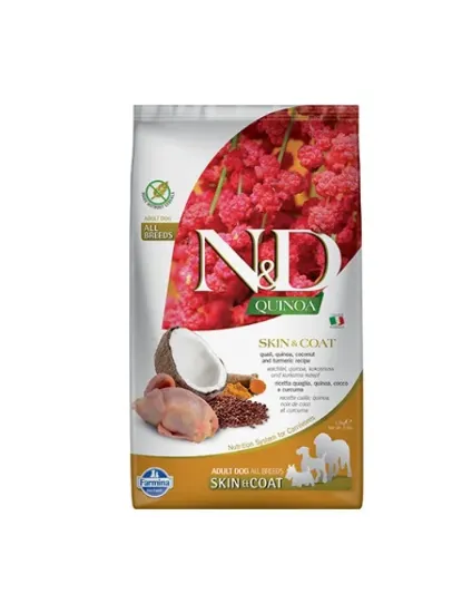 Снимка на N&D Dog Quinoa Skin & Coat Quail - Премиум пълноценна суха храна за израснали кучета от всички породи с чувствителна кожа и козина, с пъдпъдъче месо, киноа,кокос и куркума, 800 гр.