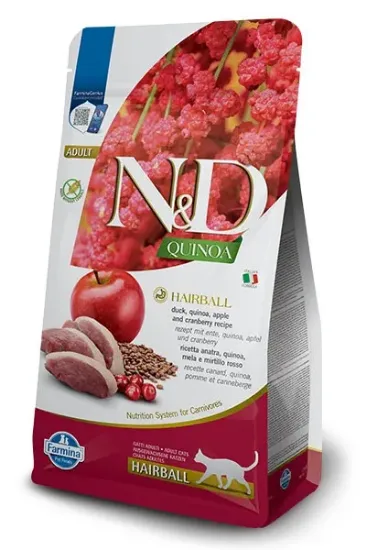 Снимка на N&D Quinoa Hairball with Duck & Cranberry , Cat Adult – Пълноценна суха храна без зърнени култури против космени топки, за котки над 1 година, с патешко, киноа, ябълка и червени боровинки, 1.5 кг.