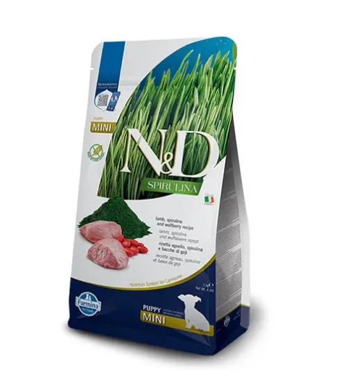 Снимка на N&D Spirulina DOG LAMB & WOLFBERRY Puppy MINI - Пълноценна храна за кученца до 1 година, бременни и кърмещи кучки от мини породи, с агнешко, спирулина и годжи бери, 2 кг.