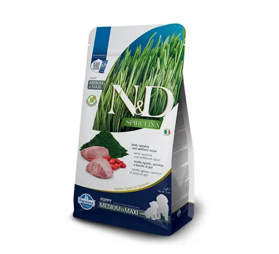 Снимка на N&D Spirulina DOG LAMB & WOLFBERRY Puppy MEDIUM & MAXI - Пълноценна храна със спирулина за подрастващи кученца от средните и едри породи, с агнешко и годжи бери, 7 кг.
