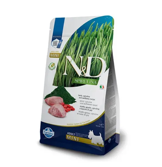 Снимка на N&D Spirulina Dog LAMB & WOLFBERRY Adult MINI - Пълноценна храна със спирулина за кучета над 1г. от дребните породи, с агнешко и годжи бери , 2 кг.