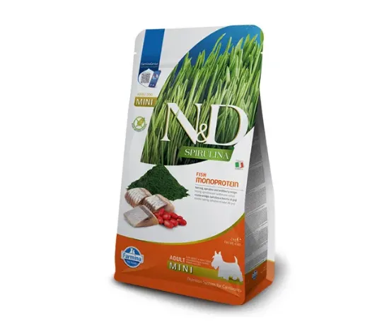 Снимка на N&D Spirulina Dog HERRING & WOLFBERRY Adult MINI - Пълноценна храна със спирулина за кучета над 1г. от дребните породи, с херинга и годжи бери, монопротеин, 2 кг.