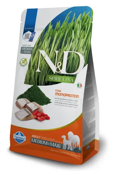 Снимка на N&D Spirulina DOG HERRING & WOLFBERRY Adult Medium & Maxi - Пълноценна храна със спирулина за кучета над 1г. от средните и едри породи, с херинга и годжи бери, монопротеин, 7 кг.