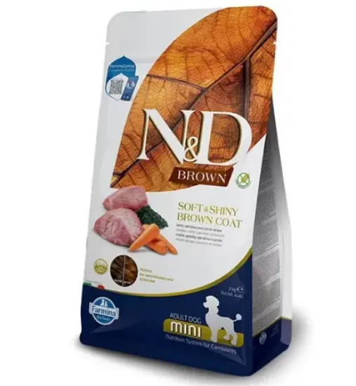 Снимка на N&D Spirulina Brown Dog Lamb & Carrot Adult MINI – Пълноценна суха храна без зърнени култури за кучета с кафява козина от мини породи над 1 година, с агнешко, спирулина и морков, 2 кг.