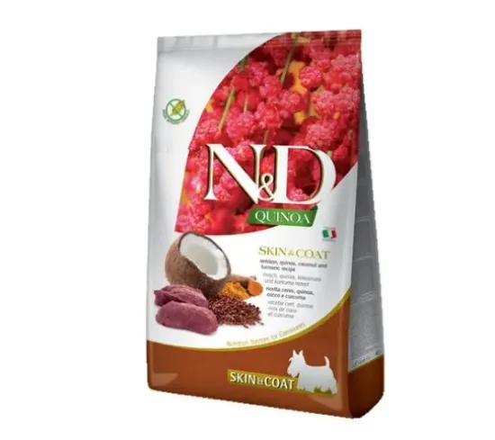 Снимка на N&D Quinoa Dog Skin & Coat Vension, Coc. AD Med & MAXI - Пълноценна суха храна за израснали кучета от среди и едри породи с еленово масло, киноа, кокос и куркума за здрава кожа и козина, 7 кг.