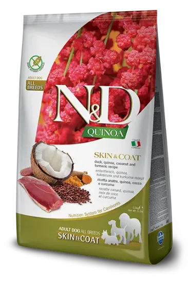 Снимка на N&D Quinoa Skin & Coat Duck, Coconut – Пълноценна суха храна с киноа за израснали кучета от всички породи при чувствителен стомах, здрава кожа и козина с патешко, кокос и куркума 7 кг.