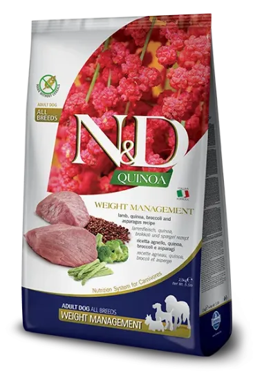 Снимка на N&D Quinoa Weight Lamb, Broccoli - Пълноценна суха храна за израснали кучета с агнешко, киноа, броколи и аспержи за поддържане и контрол на теглото, 7 кг.