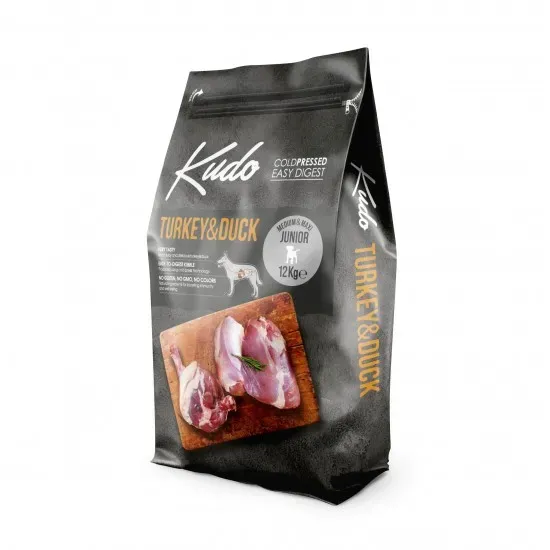 Снимка на Kudo Low Grain Turkey/Duck Medium-Maxi Junior 12 Kg - Пълноценна суха храна за кучета от средни/едри породи до 1 год с пуешко и патешко месо, 12 кг.