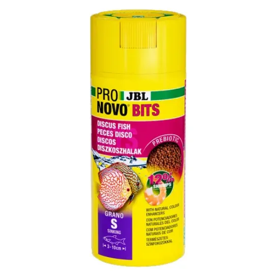Снимка на JBL Pronovo Bits Grano - Основна храна за аквариумни рибки, под формата на гранули за дискуси и други капризни цихлиди от Южна Америка. Размер S за риби 3-10 см. - 250 мл