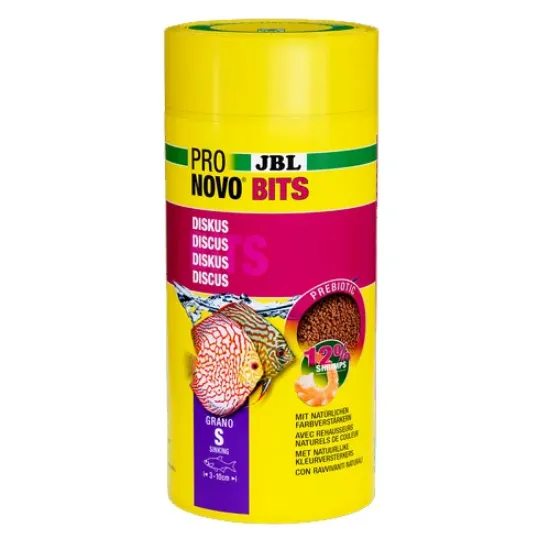 Снимка на JBL Pronovo Bits Grano - Основна храна за аквариумни рибки, под формата на гранули за дискуси и други капризни цихлиди от Южна Америка. Размер S за риби 3-10 см. - 1000 мл
