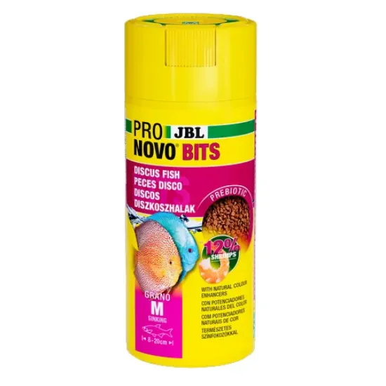 Снимка на JBL Pronovo Bits Grano M - Основна храна за аквариумни рибки, под формата на гранули за дискуси и други капризни цихлиди от Южна Америка, размер М за риби 8-20 см.