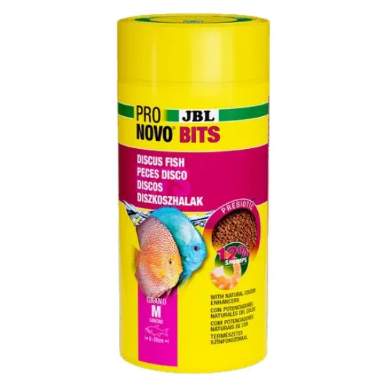 Снимка на JBL Pronovo Bits Grano M - Основна храна за аквариумни рибки, под формата на гранули за дискуси и други капризни цихлиди от Южна Америка, размер М за риби 8-20 см.- 1000 мл.