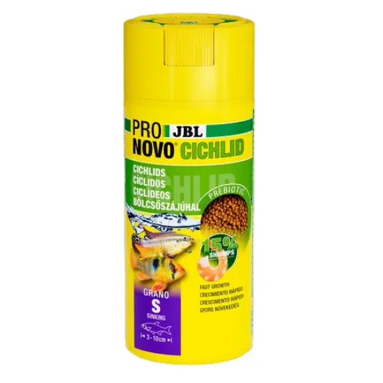 Снимка на JBL Pronovo Cichlid Grano S Click - Основна храна за аквариумни рибки, под формата на гранули, за цихлиди (3-10 см) - 250 мл.
