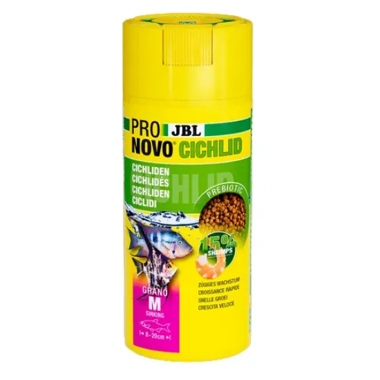 Снимка на JBL Pronovo Cichlid Grano M - Основна храна за аквариумни рибки, под формата на гранули, за цихлиди (8-20 см) - 250 мл.