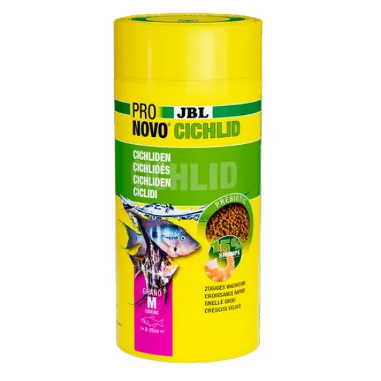 Снимка на JBL Pronovo Cichlid Grano M - Основна храна за аквариумни рибки, под формата на гранули, за цихлиди (8-20 см) - 1000 мл.