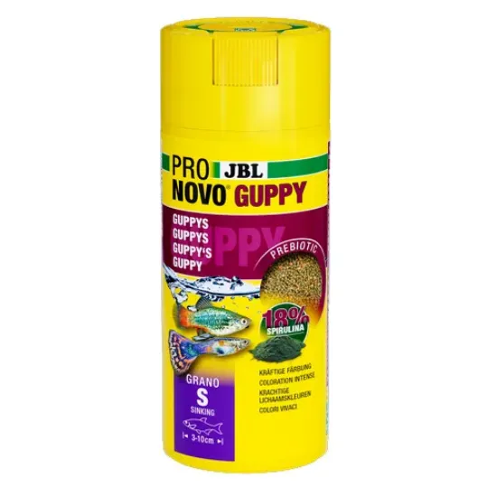 Снимка на JBL Pronovo Guppy Grano S - Основна храна за аквариумни рибки, гранули с размер S за гупи и други живородни рибки с размер 3-10 см - 250 мл.