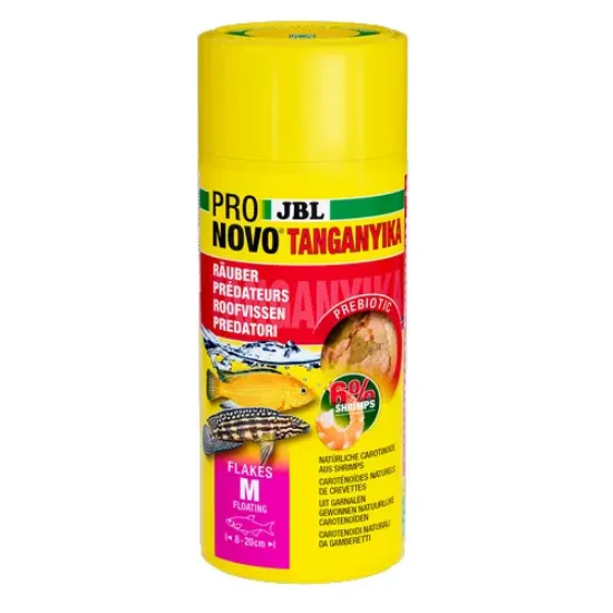 Снимка на JBL PRONOVO TANGANYIKA FLAKES M - Основна храна за аквариумни рибки, под формата на люспи с размер М, за хищни цихлиди от езерата Танганайка и Малави с размер 8-20 см - 250 мл.