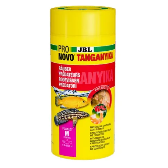 Снимка на JBL PRONOVO TANGANYIKA FLAKES M - Основна храна за аквариумни рибки, под формата на люспи с размер М, за хищни цихлиди от езерата Танганайка и Малави с размер 8-20 см - 1000 мл.