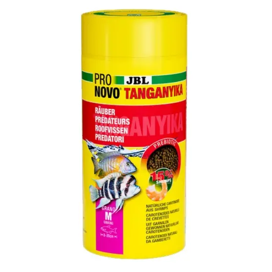 Снимка на JBL PRONOVO TANGANYIKA GRANO M - Основна храна за аквариумни рибки, под формата на гранули с размер М, за хищни цихлиди от езерата Танганайка и Малави с размер 8-20 см - 1000 мл.