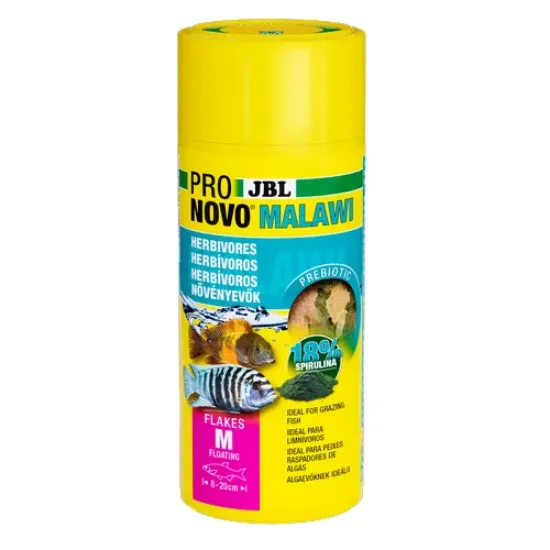 Снимка на JBL PRONOVO MALAWI FLAKES M - Основна храна за аквариумни рибки под формата на люспи размер М за растителноядни цихлиди с размер 8-20 см от езерата Малави и Танганайка. - 1000 мл.