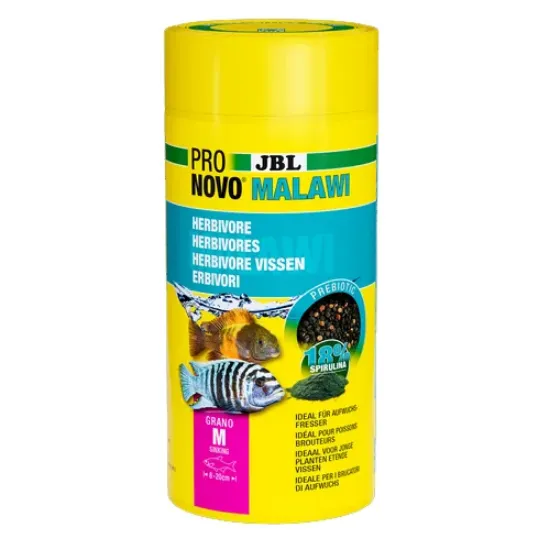 Снимка на JBL Pronovo Malawi Grano M - Основна храна за аквариумни рибки под формата на гранули размер М за растителноядни цихлиди с размер 8-20 см от езерата Малави и Танганайка.- 1000 мл.