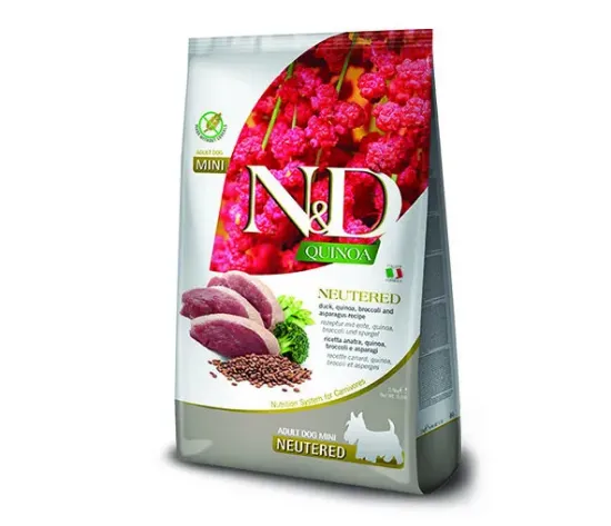 Снимка на N&D QUINOA Dog Duck Neutred Adult MINI - Пълоценна суха храна за кастрирани кучета над 1 година, без зърнени култуи,с патешко месо , броколи и аспержи, 800 гр.