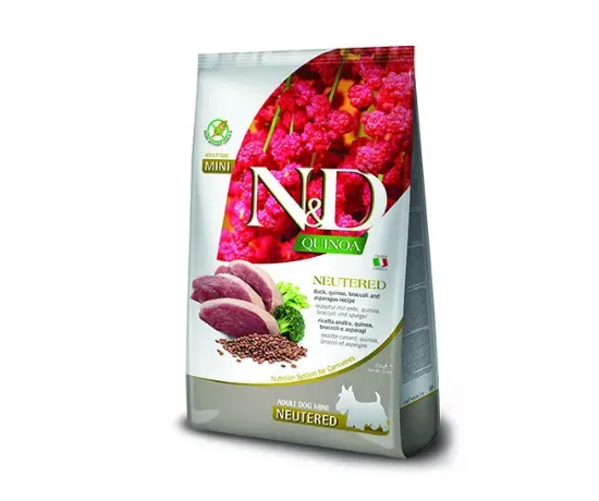 Снимка на N&D QUINOA Dog Duck Neutred Adult MINI - Пълоценна суха храна за кастрирани кучета над 1 година, без зърнени култуи,с патешко месо , броколи и аспержи, 7 кг.