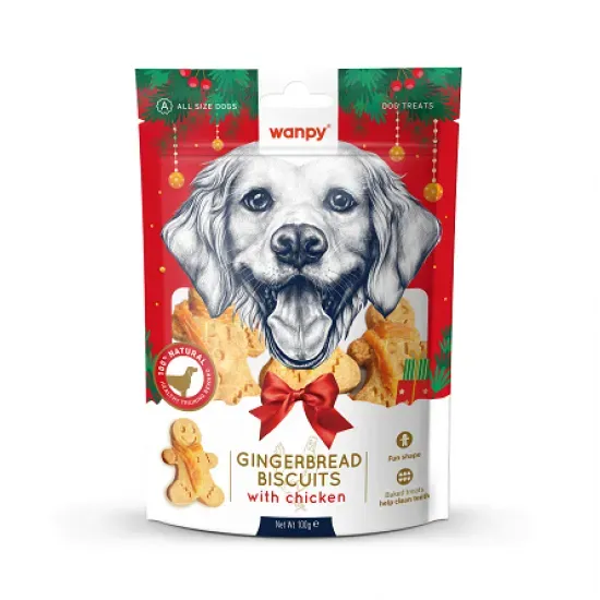 Снимка на Wanpy Christmas Gingerbred Biscuits - Вкусно лакомство за кучета, коледни бисквити с пилешко месо, 100 гр./2 пакета