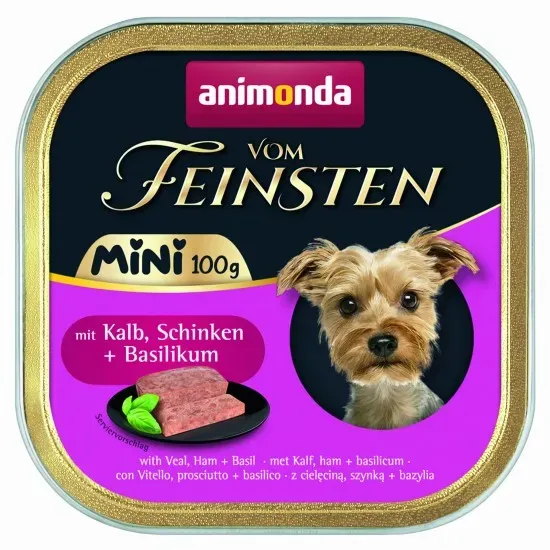 Снимка на Animonda Vom Feinsten Mini Dog - Пълноценна консервирана храна за дребни породи кучета с телешко, шунка и босилек, 100 гр./4 боя
