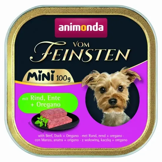Снимка на Animonda Vom Feinsten Mini Dog - Пълноценна консервирана храна за дребни породи кучета с говеждо, патешко и риган, 100 гр./4 броя