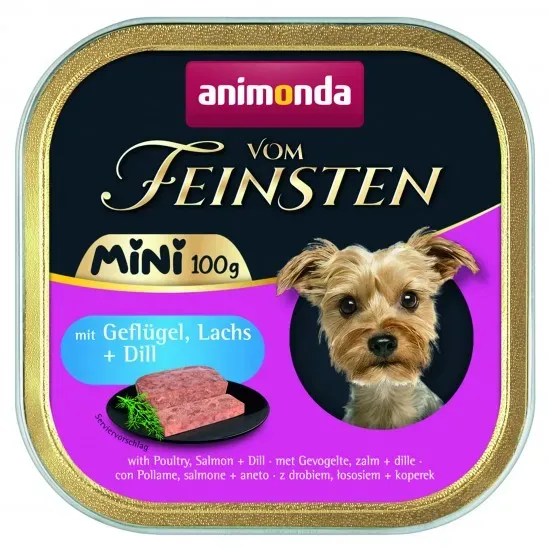 Снимка на Animonda Vom Feinsten Mini Dog - Пълноценна консервирана храна за дребни породи кучета с птиче месо, сьомга и копър, 100 гр,/4 броя