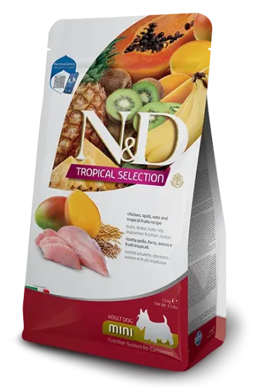 Снимка на N&D Tropical Selection Dog Adult MINI Chicken and Tropical fruits – Пълноценна суха храна за кучета над 1 година от дребни породи, с пилешко, спелта, овес и тропически плодове, 1.5 кг.