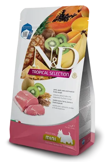 Снимка на N&D Tropical Selection Dog Adult MINI Pork and Tropical fruits – Пълноценна суха храна за кучета над 1 година от дребни породи, със свинско, спелта, овес и тропически плодове, 1.5 кг.