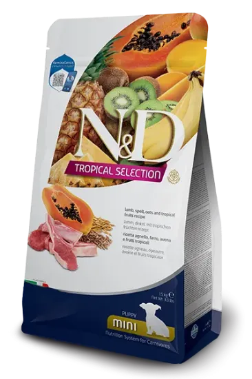 Снимка на N&D Tropical Selection Puppy MINI Lamb and Tropical fruits –Пълноценна суха храна за подрастващи кученца от дребни породи с агнешко, спелта, овес и тропически плодове,1.5 кг.