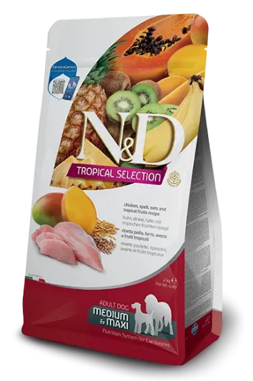Снимка на N&D Dog Grain Free Tropical Selection Adult Medium & Maxi Chicken and Tropical fruits –Пълноценна суха храна за кучета над 1 година от средни и едри породи, с пилешко месо, спелта, овес и тропически плодове - 2 кг.