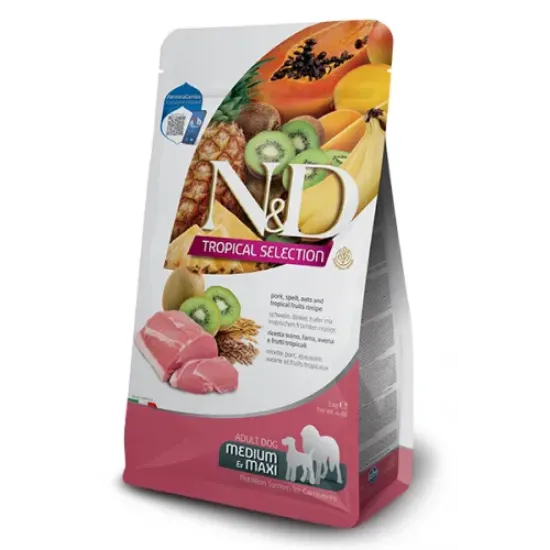 Снимка на N&D Dog Grain Free Tropical Selection Adult Medium & Maxi Pork and Tropical fruits – Пълноценна суха храна за кучета над 1 година от средни и едри породи, със свинско, спелта, овес и тропически плодове - 2 кг.