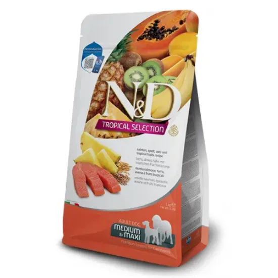 Снимка на N&D Dog Grain Free Tropical Selection Adult Medium & Maxi Salmon and Tropical fruits – Пълноценна суха храна за кучета над 1 година от средни и едри породи със сьомга, спелта, овес и тропически плодове - 2 кг.