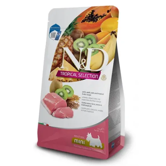 Снимка на N&D Tropical Selection Dog Adult MINI Pork and Tropical fruits – Пълноценна суха храна за кучета над 1 година от дребни породи, със свинско, спелта, овес и тропически плодове, 5 кг.