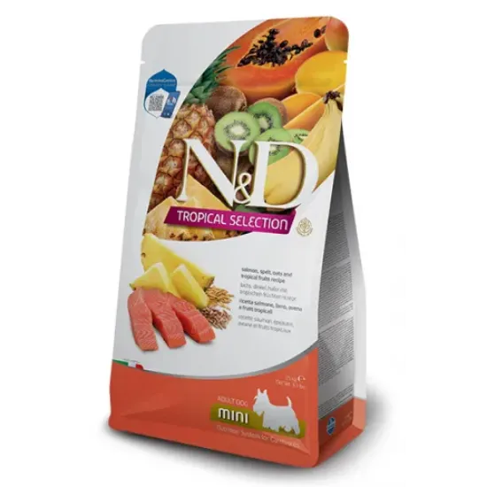 Снимка на N&D Dog Grain Free Tropical Selection Dog Adult MINI Salmon and Tropical fruits – Пълноценна суха храна за кучета над 1 година от дребни породи, със сьомга, спелта, овес и тропически плодове - 5 кг.
