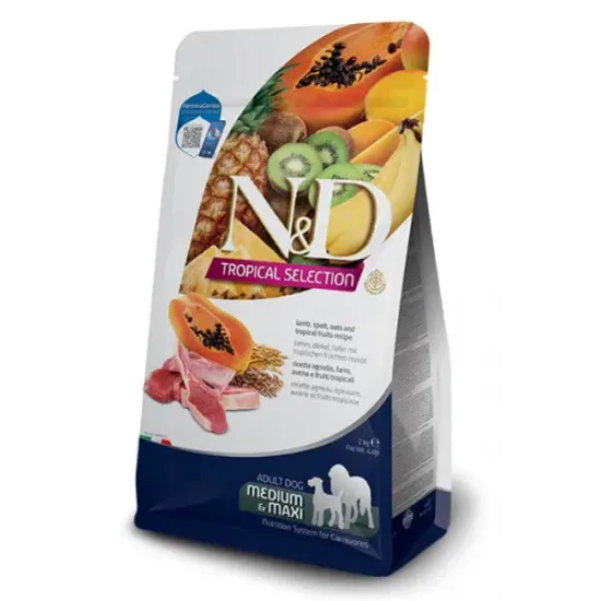 Снимка на N&D Dog Grain Free Tropical Selection Adult Medium & Maxi Lamb and Tropical fruits –Пълноценна суха храна за кучета над 1 година от средни и едри породи с агнешко месо, спелта, овес и тропически плодове - 10 кг.