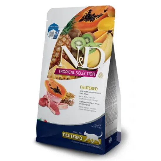 Снимка на N&D Cat Grain Free Tropical Selection Neutered Adult Lamb and Tropical fruits – Пълноценна суха храна за кастрирани котки над 1 година с агнешко месо, спелта, овес и тропически плодове - 1,500 кг.
