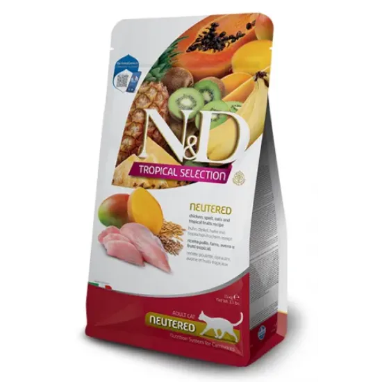 Снимка на N&D Cat Grain Free Tropical Selection Neutered Adult Chicken and Tropical fruits – Пълноценна суха храна за кастрирани котки над 1 година с пилешко месо, спелта, овес и тропически плодове - 1,500 кг.