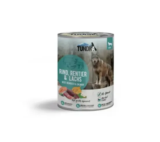 Снимка на Tundra Dog - Пълноценна консервирана храна за кучета с телешко, северен елен и сьомга, 400 гр./2 броя