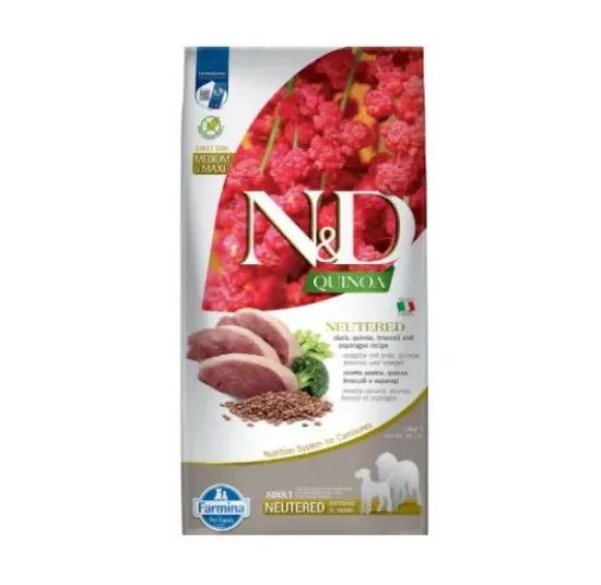 Снимка на N&D Quinoa Neutered - Пълноценна храна за кастрирани кучета от средни и едри породи в зряла възраст с киноа, патица, броколи и аспержи, 12кг.