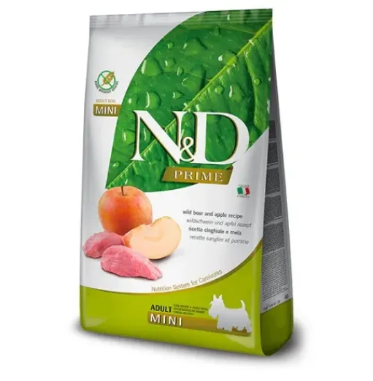 Снимка на N&D Prime Wild Boar & Apple Adult Mini – Пълноценна суха храна без зърнени култури за кучета в зряла възраст от дребни породи, с месо от глиган и ябълка, 7кг.