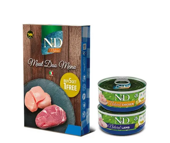 Снимка на N&D Natural MEAT DUO MENU – Мокра допълваща храна за котки в зряла възраст, с пилешко и агнешко месо, 6х 70 гр.