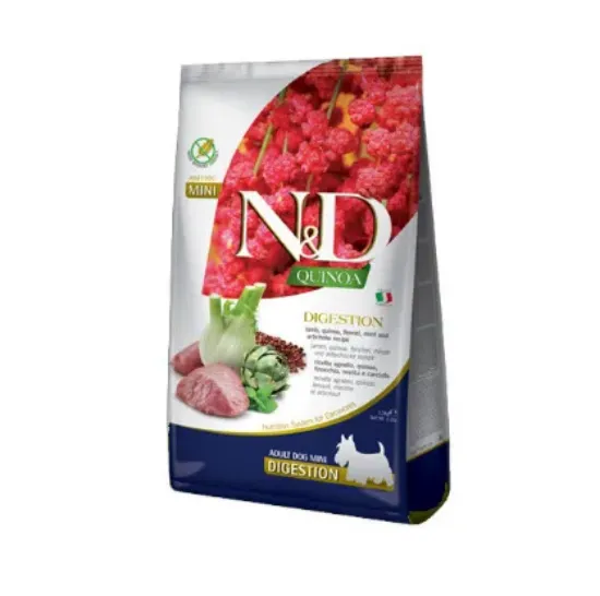 Снимка на N&D Quinoa Digestion - Пълноценна диетична храна за израснали кучета от малки и мини породи за компенсиране на мадигестия и екзокринна панкреатична недостатъчност, с агнешко месо, 7 кг.
